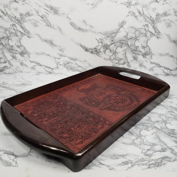 Handmade Wood Embossed Leather Mayan Serving Tray Vintage - Picture 4 of 10